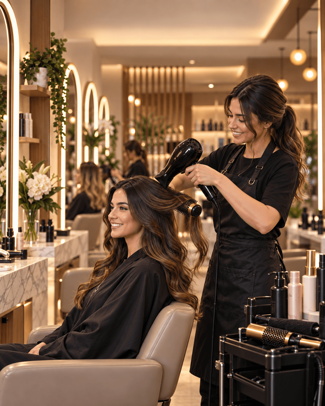Estilista secando el cabello de una clienta sonriente en el estudio LUMÉA Beauty House