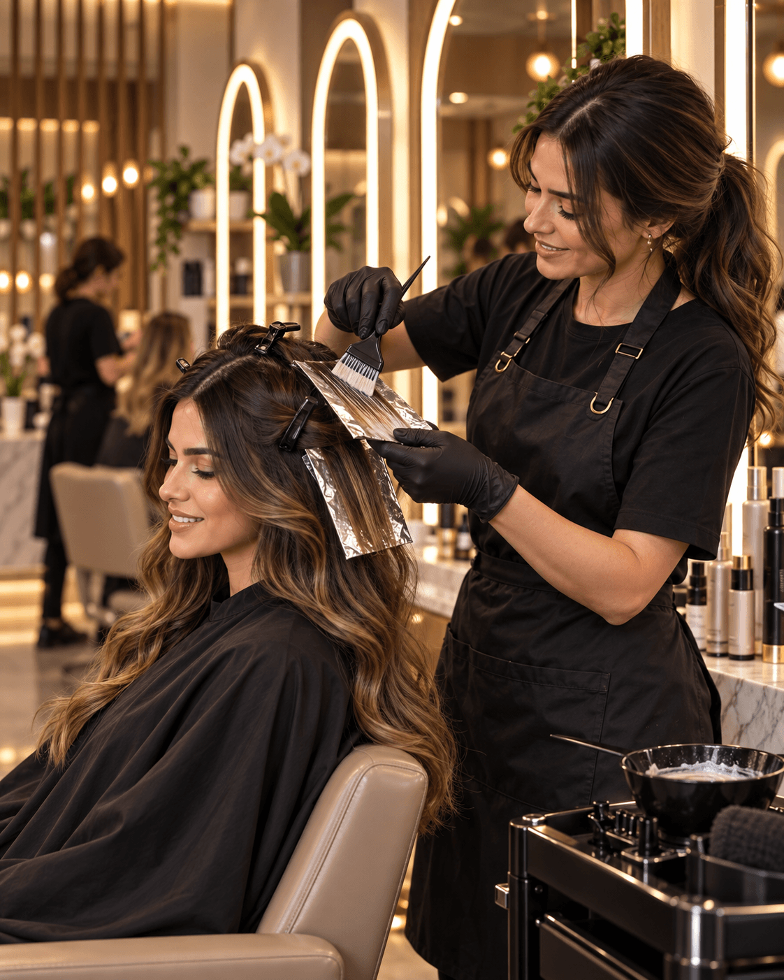Colorista aplicando mechas de color al cabello de una clienta en el salón LUMÉA