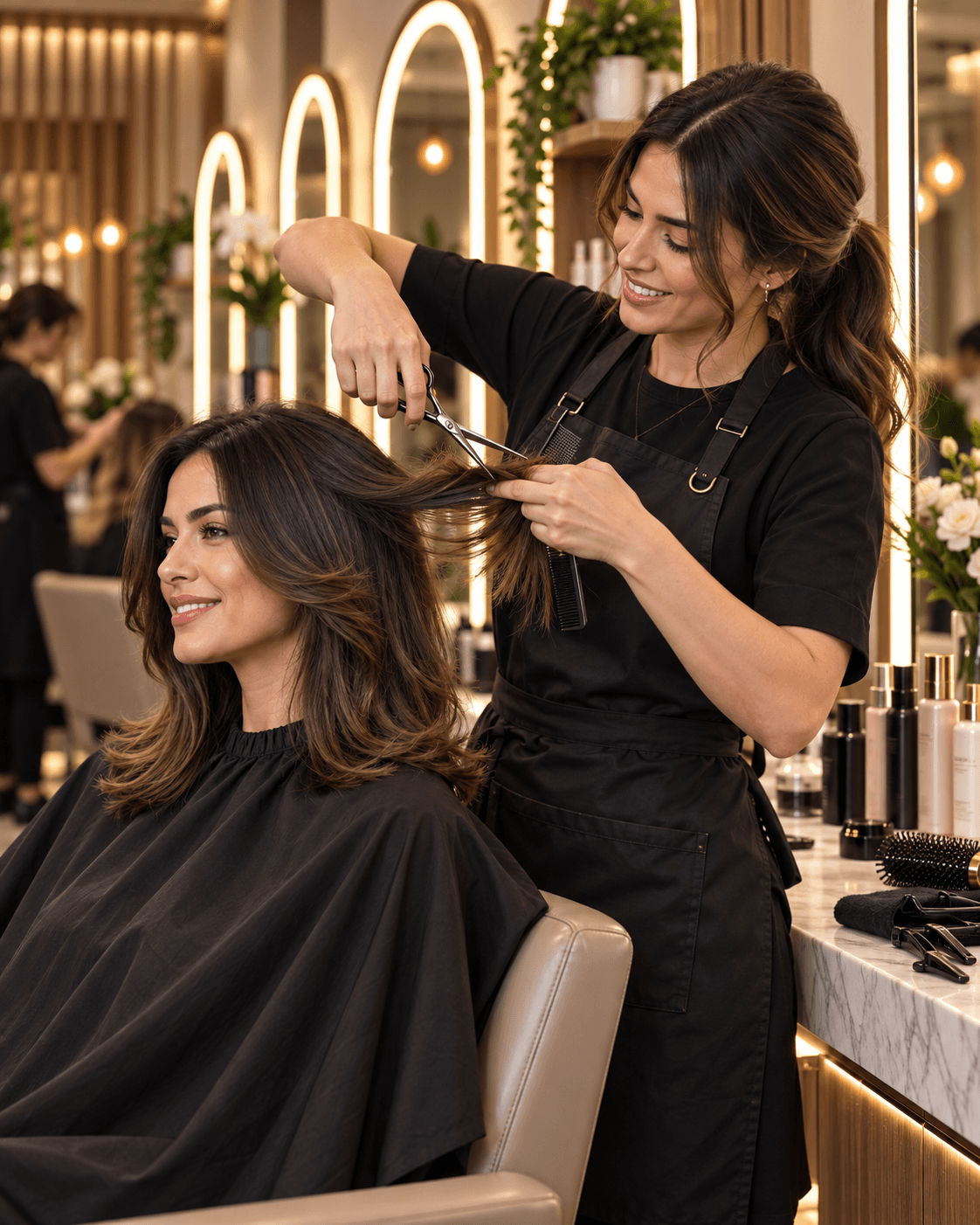 Estilista cortando el cabello de una clienta con tijeras y peine