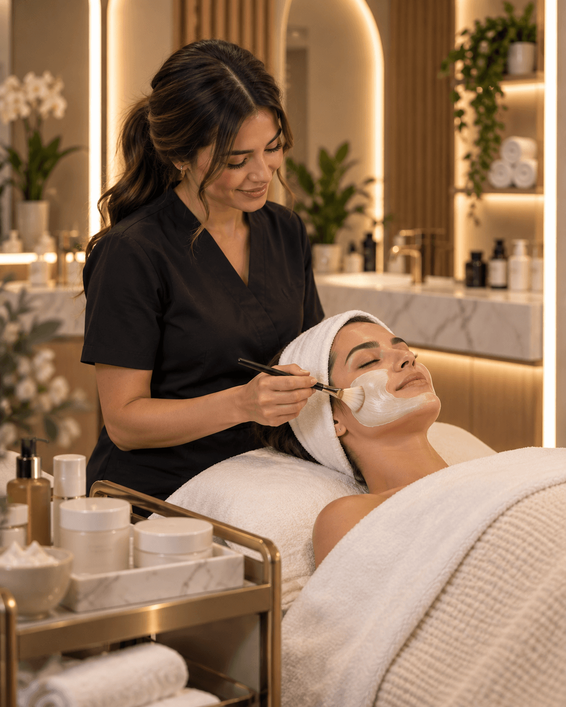 Esteticista aplicando una mascarilla facial a una clienta relajada