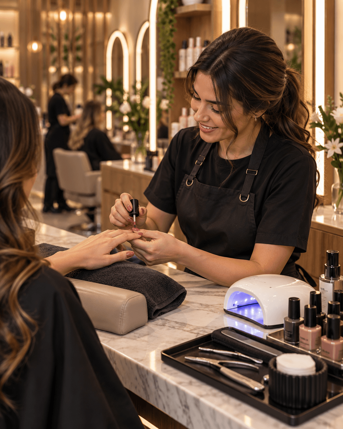 Manicurista aplicando esmalte en las uñas de una clienta en el mostrador de mármol